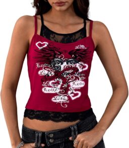 Women's Y2k Gothic Top Lace Mesh Graphic Cami Shirts Spaghetti Strap Fitted Grunge Crop Tops