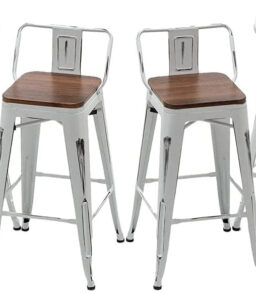 Andeworld Counter Height Industrial Metal Bar Stools With Wooden Seats. Set Of 4. 24 Inch. Distressed White
