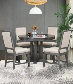 Farmhouse Extendable Round Dining Table Set With 4 Upholstered Chairs - 5-Piece