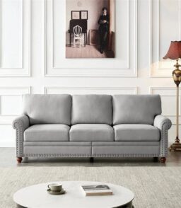 3 Seater Linen Fabric Tufted Accent Sofa. 82.6 in. Grey - Curved High Back