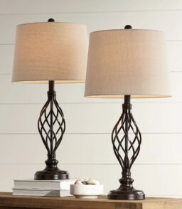 Franklin Iron Works Annie Table Lamps. Set of 2. 28 in Tall. Bronze Iron. Cream Tapered Drum Shade - Annie