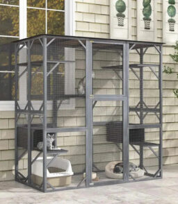 71-Inch Outdoor Wooden Catio Enclosure With 7 Platforms And 2 Condos - Grey