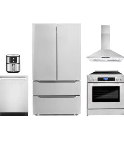 5-Piece Kitchen Package With 30in Electric Range. 30in Wall Mount Range Hood. 24in Dishwasher. French Door Refrigerator And 5.5L Air Fryer