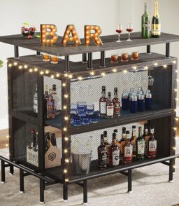 FJU L-Shaped Home Bar Unit With Stemware Racks. 2-Tier Shelves And Footrest - Gray