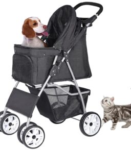 Foldable Cat/Dog Pet Stroller With 4 Wheel. Storage Basket. Cup Holder - Black