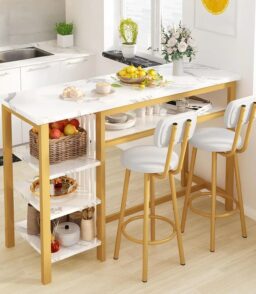 3-Piece White Faux Marble Bar Table And Chairs Set With 2 PU Cushion Bar Stools And 3-Tier Storage Shelves - Gold Frame