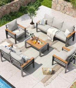 Aoxun Aluminum 7-Seat Patio Sectional With 5 in Cushions. Coffee Table And Waterproof Cover