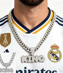 Full Diamond King Football Pendant Necklace With 20in Cuban Link Chain. 13mm Width