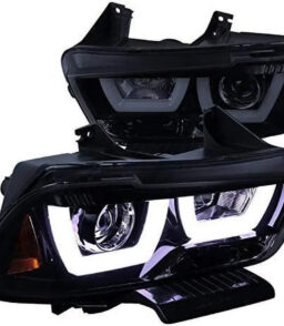 DRL LED Light Bar Projector Headlights. 1 Pair. Gloss Black Housing. Smoke Lens - 2011-2014 Dodge Charger
