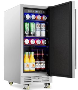 Ecojoy 15 Inch Stainless Steel Under Counter Beverage Refrigerator. 120 Cans