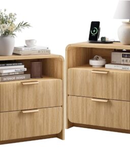 Fluted Nightstand Set Of 2 With Charging Station. 24 Inch. Natural Oak
