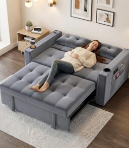 3-in-1 Pull-Out Sofa Bed With Charging Station. Cup Holder And Side Storage - 70in Grey
