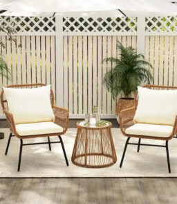 3-Piece Outdoor Rattan Bistro Set With Glass-Top Table. Wide-Arm Chairs And Seat Cushions