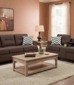 2-Piece Dark Brown Loveseat Set With Accent Pillows And Dual USB Charging Ports