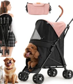 3 In 1 Folding Pet Stroller With Storage Basket And Cup Holder. Pink