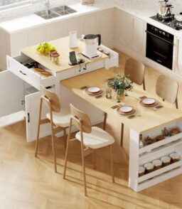 82.7 Wooden Kitchen Island With Extendable Dining Table And Double-Sized Storage
