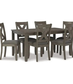 7-Piece Dining Set With Lattice-Back Chairs - Dark Gray Wood Frame & Polyester Upholstery