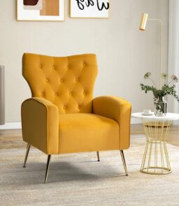 14 Karat Home Velvet Accent Chair With Button-Tufted Back And Metal Legs - Mustard