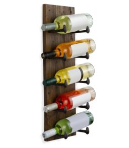 5 Bottle Wood Wall-Mounted Wine Rack. Walnut. 24in W - 10 Cast Iron Hooks