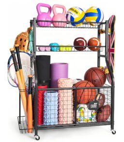 Garage Sports Equipment Storage Organizer. Steel. 36.2in x 16.5in x 44.3in - 2 Bins. 1 Basket. 1 Ball Rack