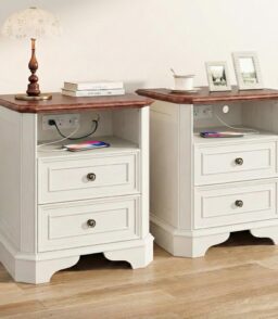 24in White Nightstands With Charging Station. 2 Drawers And Open Shelf - Set Of 2