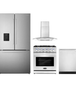 4 Piece Kitchen Appliance Package With 30 inch Gas Range. Wall Mount Range Hood. Dishwasher And French Door Refrigerator