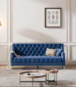 78 inch Dutch Plush Upholstered Chesterfield Sofa With Metal Legs. Button Tufted Back. Blue