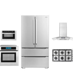 5-Piece Kitchen Package - 36in Gas Cooktop. 36in Range Hood. 30in Electric Wall Oven. 24in Microwave Drawer. French Door Refrigerator
