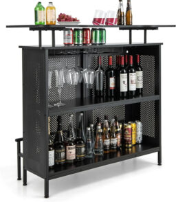 FJU 4-Tier Home Bar Cabinet With 2 Wine Storage Shelves. 6 Stemware Holders. Metal Front And Footrest. Black - 48 x 20 x 42 in