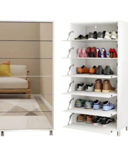 Flip-Door Mirror Shoe Cabinet 6-Tier Organizer With Metal Legs And Touch-Sensitive Drawers