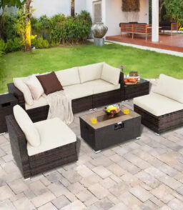 8-Piece All-Weather PE Rattan Patio Conversation Set With Fire Pit Table. Tank Holder And Cover