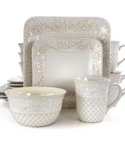 Elama Ivory Lotus 16 Piece Square Stoneware Dinnerware Set