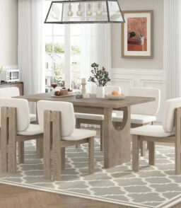 7-Piece Solid Wood Dining Set With Trestle-Base Rectangular Table And 6 Upholstered Chairs
