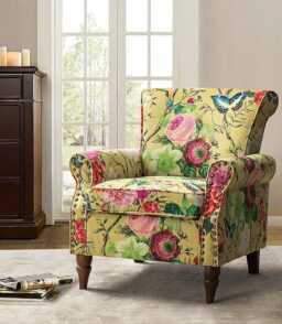 14 Karat Home Wingback Accent Chair. Floral Upholstery. Mustard. 30 x 31 x 32.5 in