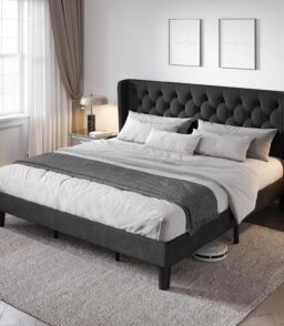 Allewie King Size Upholstered Bed Frame With Button Tufted Wingback Headboard. Black