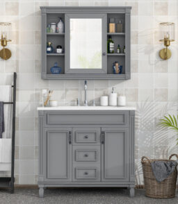 36'' Bathroom Vanity Set With Ceramic Sink Top. Mirror Cabinet. 2 Doors And 2 Drawers - Gray