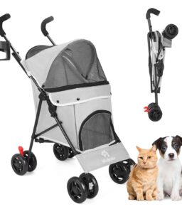 4-Wheel Foldable Cat And Dog Stroller With Storage Basket And 360 Degree Front Wheels - Gray
