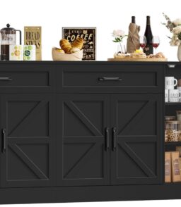 71 Inch Farmhouse Sideboard Buffet Cabinet With Adjustable Shelves And 2 Drawers - Black