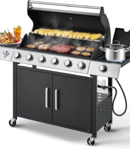 4-Burner Propane Gas Grill With Cast Iron Grates. Side Stove And 44.000 BTU Stainless Steel Burners