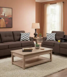 2-Piece Sofa Loveseat Set. Dark Brown Fabric. USB Charging Ports. 4 Decorative Pillows