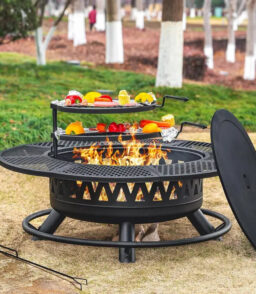 Florise 47-Inch 3-In-1 Round Metal Outdoor Fire Pit With Lid And 2 Grills