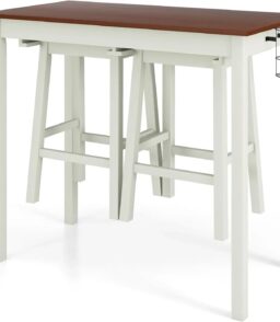 3-Piece Counter Height Bar Table Set With 2 Stools And 2 Wine Holders - Cream White & Walnut
