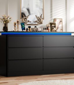6-Drawer Black Wooden Dresser With Charging Station And LED Lights - 47.2 in