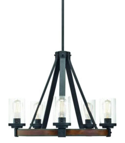 5-Light Distressed Black And Wood Tone Clear Seeded Glass Candle Chandelier - 24-in W x 24-in D x 19-in H