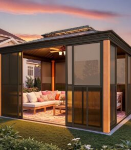 EROMMY Sunroom 10 x 12 ft With Galvanized Steel Double Roof. Aluminum Alloy Frame. Wood Grain Appearance
