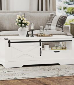 Farmhouse Coffee Table With Storage And Sliding Barn Door. 48 in. White