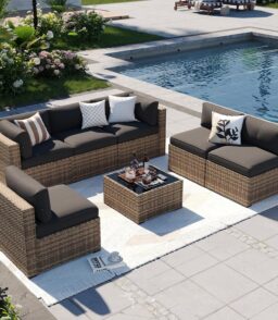 Aoxun 7-Piece Outdoor Wicker Patio Conversation Set With Thick Cushions