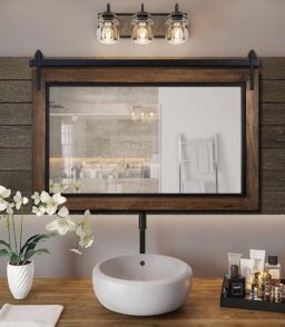 Farmhouse Barn Door Style Bathroom Vanity Mirror. Natural Wood. 24in W x 32in H x 1.25in D to 48in W x 30in H x 1.25in D